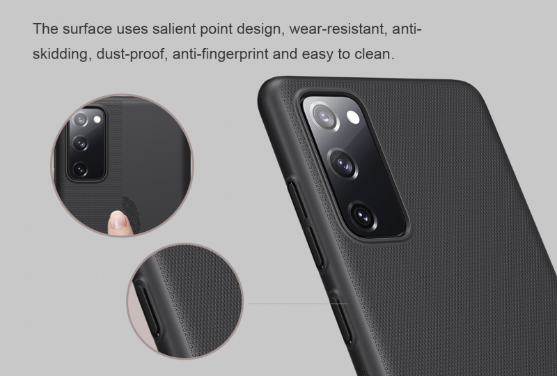 Ốp Lưng Samsung Galaxy S20 FE Hiệu Nillkin Dạng Sần có bề mặt được sử dụng vật liệu PC không ảnh hưởng môi trường, có tính năng chống mài mòn, chống trượt, chống bụi, chống vân tay và dễ dàng vệ sinh